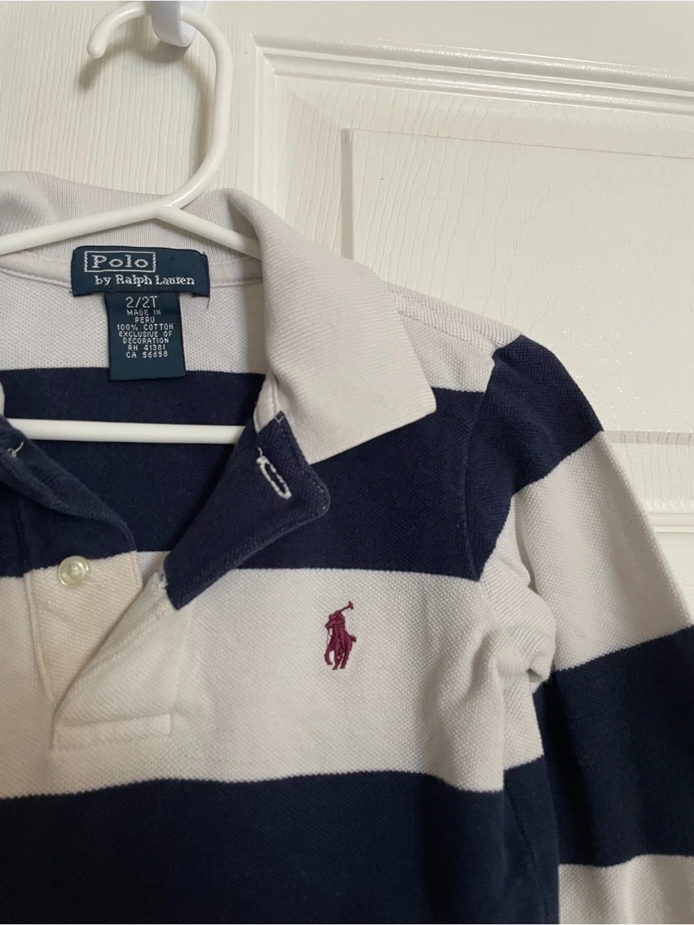 Polo by Ralph Lauren Boys' 2T Navy & White Striped Rugby Polo with Red Logo